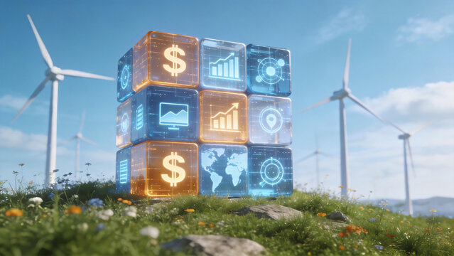 Digital Cube with Financial Icons in Wind Farm
