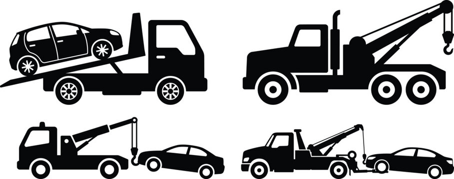Car Evacuation Tow Truck Silhouette Set For Roadside Accident Recovery And Emergency Assistance