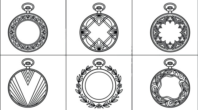 Ornate pocket watch vector set with circular engravings and laurel motifs collection
