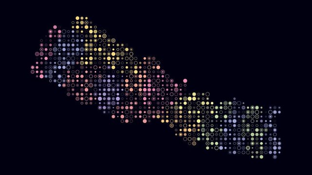Nepal animated country shape. Pulsating colored dots on the map of the country. Small size circle blocks. Digital style Nepal map on dark background. Stylish animation video.