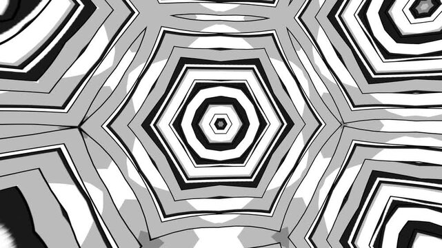 Black and White Abstract Kaleidoscope with Rotating Geometric 3D Shapes and Symmetrical Pattern for Digital Backgrounds