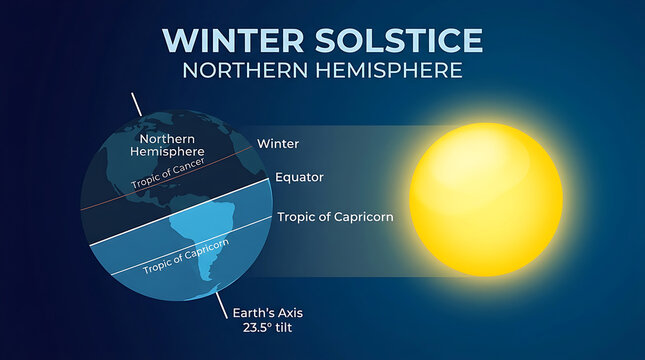 Educational astronomy diagram illustrating Earth's twenty-three point five degree axis tilt during the Northern Hemisphere winter solstice.