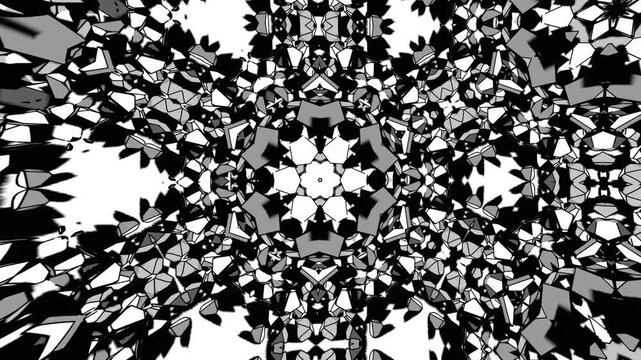 Grayscale Kaleidoscope Animation Featuring Abstract 3D Geometric Forms in High Contrast Monochrome Cartoon Style