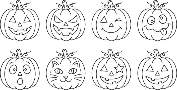 Funny and scary Halloween pumpkin jack o lantern line art collection for holiday decoration and party themes.