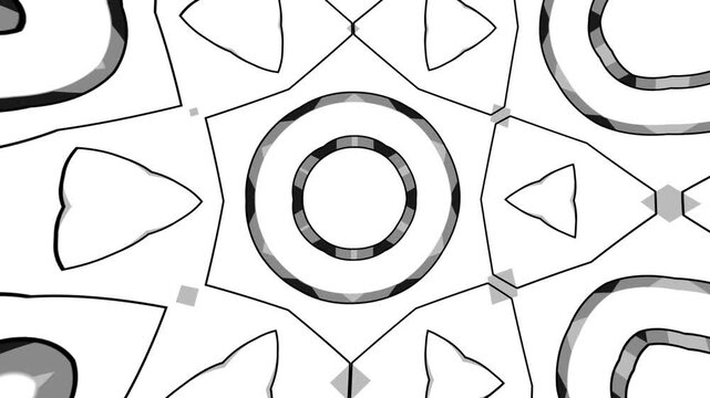 Abstract Black and White Kaleidoscope Pattern with Stylized Geometric Cartoon Shapes and Seamless Motion Background