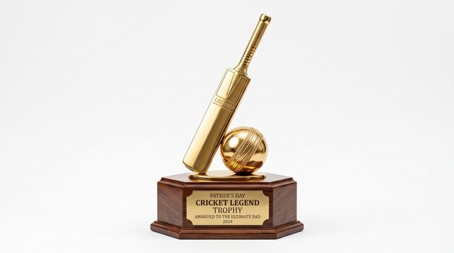 Gold Cricket Legend Trophy with Bat and Ball on Wooden Base Isolated on White Background