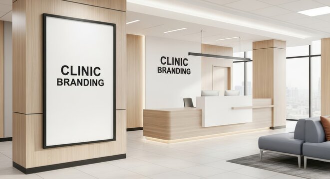 Modern Clinic Reception Area With Branding Signage Mockup And Contemporary Interior Design