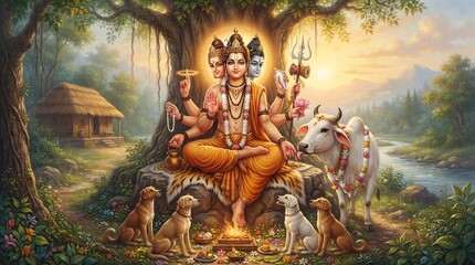 Fototapeta premium Lord dattatreya, hindu deity with three heads and six arms, meditating under a tree with a cow and dogs, fire ritual, sunset