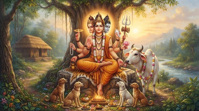 Lord dattatreya, hindu deity with three heads and six arms, meditating under a tree with a cow and dogs, fire ritual, sunset