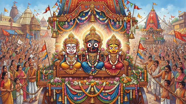 Grand ratha yatra festival of lord jagannath, balabhadra, and subhadra on a decorated chariot, with a large crowd of devotees celebrating in puri, india