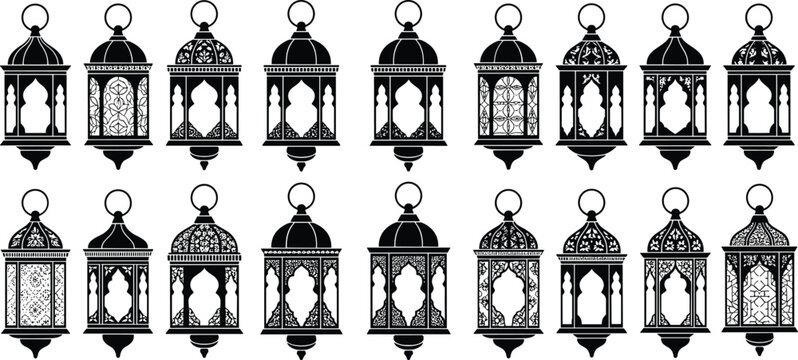 Islamic lantern silhouettes collection Ramadan Kareem decorative Arabic lamp icons set traditional Muslim festival ornament vector illustration