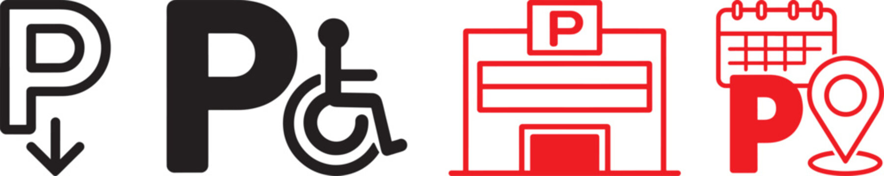 Parking icon set featuring handicap accessibility symbol garage building location pin and calendar vector graphics