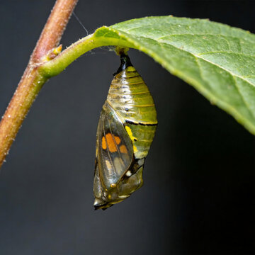 Butterfly chrysalis hanging from leaf