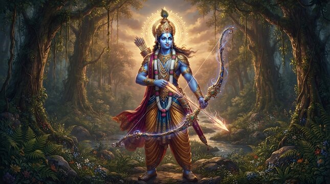 Lord rama, the embodiment of dharma, standing powerfully in a mystical forest with a glowing arrow, ready to uphold righteousness