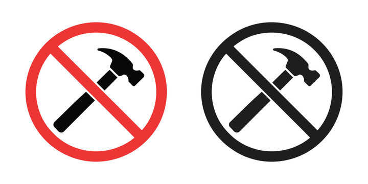 No hammer sign, prohibition symbol, do not use hammer icon, restricted tool warning symbol, safety regulation and workplace ban vector illustration.