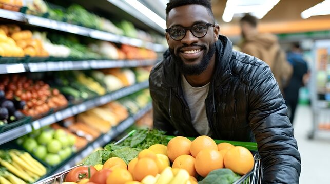 Smiling black man pushing a full grocery cart of fresh fruits and vegetables in the produce aisle of a brightly lit supermarket, embracing a healthy lifestyle