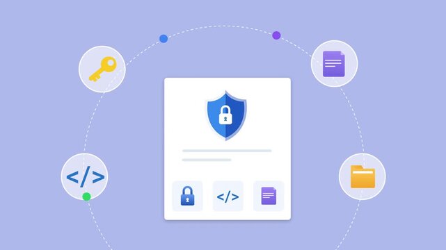 Animated flat vector motion graphic featuring an AI security dashboard with authentication, coding, folder, key, and document icons. Ideal for cybersecurity, secure access, and artificial intelligence