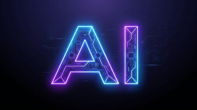 A glowing neon "AI" logo embedded with futuristic circuit board traces illuminated in blue and purple against a dark background.