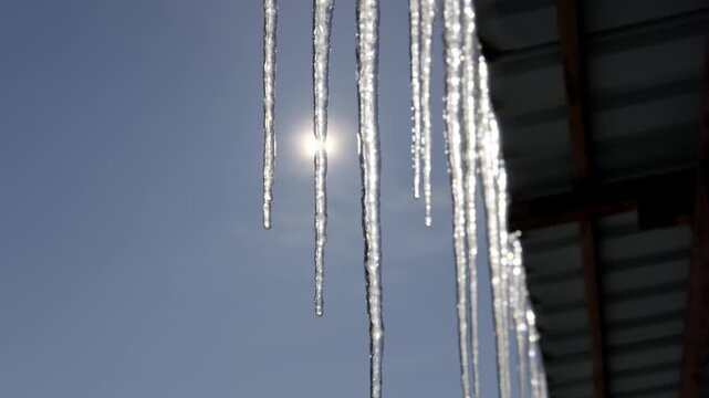 Sparkling icicles hang from a roof edge and drip water against the bright sun and clear blue sky. Concept of early spring thaw, seasonal temperature change, and winter melting into warmer weather