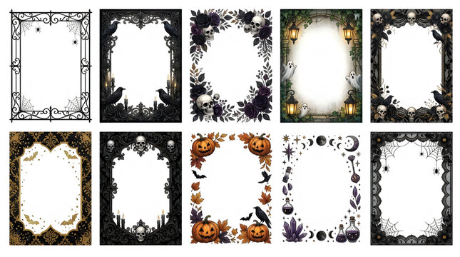 Collection of ten eerie halloween border frames with skulls pumpkins ghosts and lanterns isolated on transparent background for festive graphic design