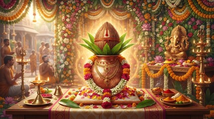 Fototapeta premium Auspicious hindu puja ceremony with decorated kalash, coconut, mango leaves, flowers, ganesha idol, priests, and traditional offerings in a temple