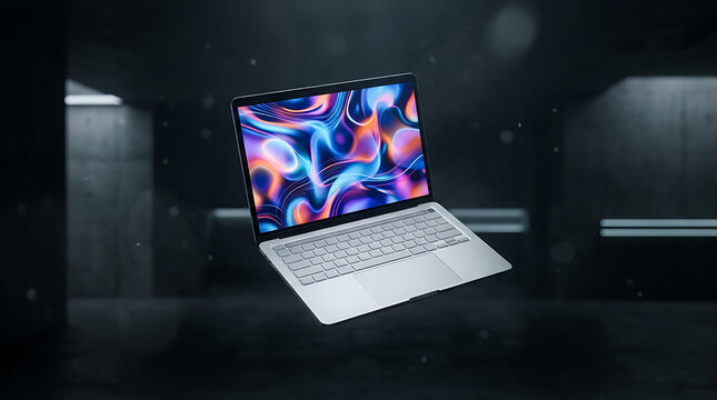 A sleek, modern laptop floats in a dark, industrial space, its screen displaying a vibrant, abstract, colorful fluid art.