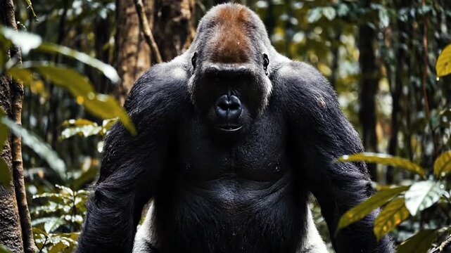 A massive silverback gorilla with powerful shoulders stares intensely while standing within the dense tropical foliage of a remote rainforest environment during a daytime wildlife exploration