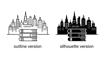 Obraz premium Cityscape with Books: A modern cityscape represented in both outline and silhouette versions, paired with a stack of books, symbolizing knowledge, education, and urban development.