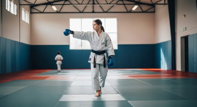 Focused martial arts student in white gi and black belt practicing a punch with blue gloves in a brightly lit dojo.