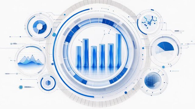 Futuristic digital data visualization with charts and graphs in blue tones
