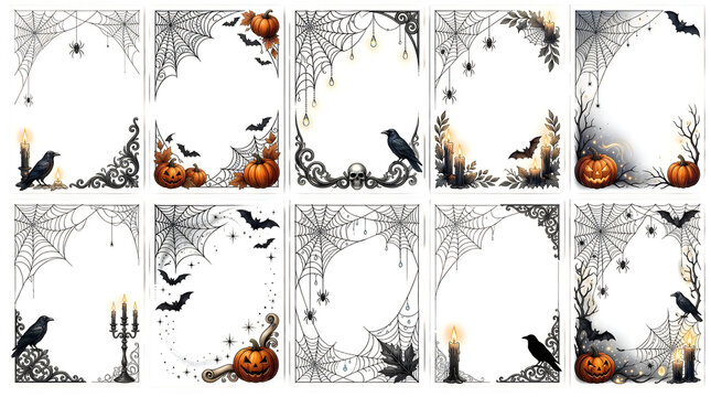 Ten unique halloween border designs with spider webs candles and autumn motifs isolated on transparent background for festive digital graphic design