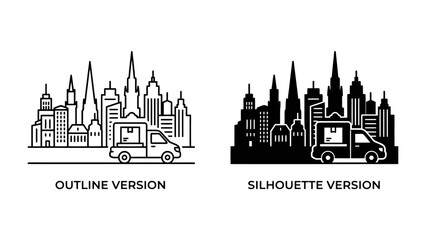 Cityscape with Delivery Truck: A striking graphic representation of a cityscape, featuring a delivery truck front and center, presented in both outline and silhouette versions. © afrin