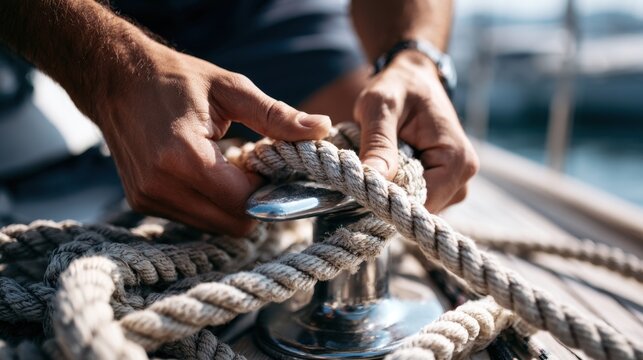 Close-up of hands tying thick rope around metal cleat on wooden boat deck during daytime nautical sailing activity on water
