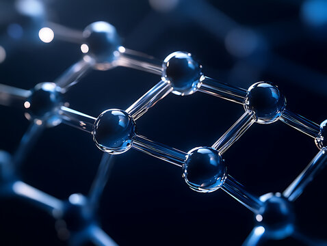 Peptide molecules hovering over a dark blue mesh background, soft blue and silver 3D structures.