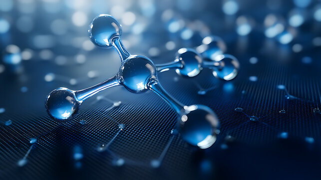 A blue background with subtle grid lines, glossy metallic and translucent molecular structures, and detailed amino acid bonds.