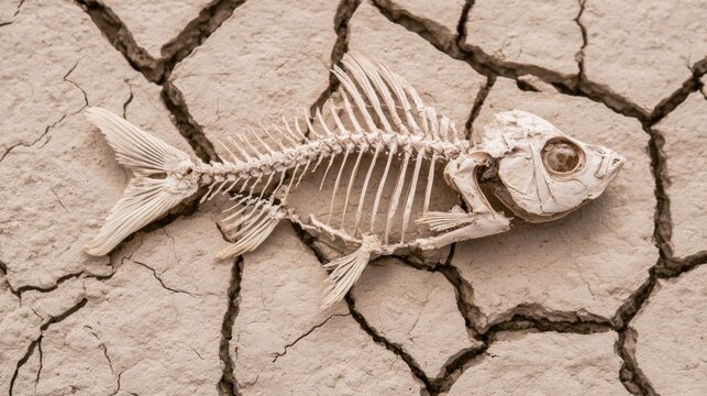 Detailed dry fish skeleton laying on cracked mud ground showing natural texture and intricate bone structure in desolate environment background