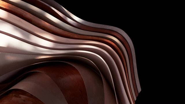 Stacked strips of glossy wood veneer bend in parallel curves across a deep black background.