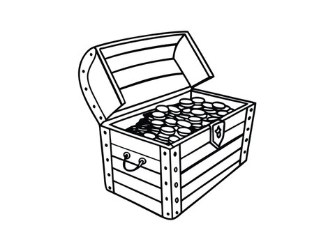 Open treasure chest filled with gold coins and jewels. Classic pirate loot box with ancient valuables for adventure themes.