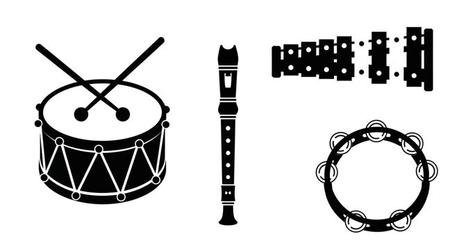 Black and white musical instruments icons with drumsticks recorder castanets instruments drum four black tambourine percussion woodwind with symbols
