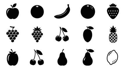Collection of black fruit icons on white background with including apples bananas bananas berries arranged strawberry pineapple cherries with graphics © Nimay