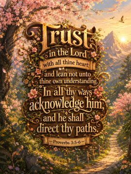 Trust in the Lord Proverbs 3:5-6 Christian Bible Verse Floral Typography Wall Art with Spring Landscape