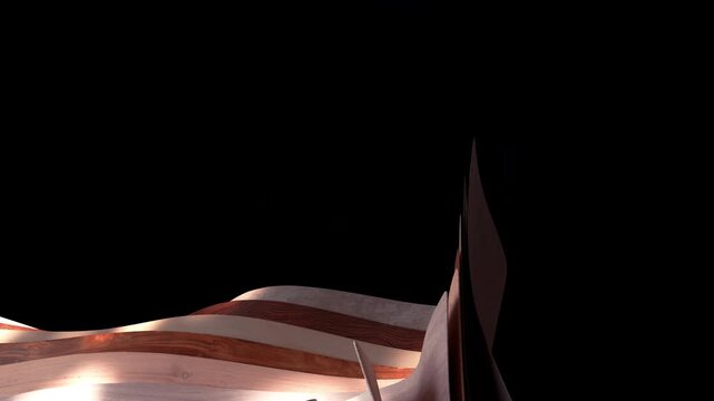 Abstract curved layers of brushed metal and wood create a modern architectural composition with warm cinematic lighting.
