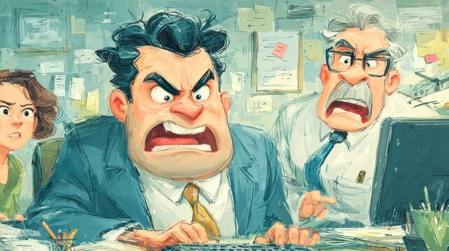 Cartoonish office workers react in anger at a computer screen