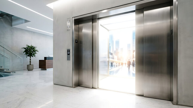 Modern office elevator doors opening to reveal a bright and sunny urban city skyline cityscape view in a minimalist corporate lobby