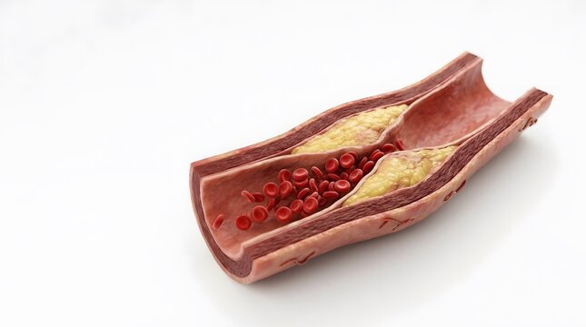A detailed medical illustration showing an artery with plaque buildup and blood cells, depicting atherosclerosis.