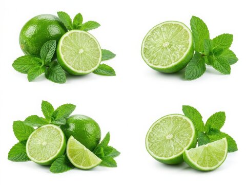 Fresh green lime slices and pieces with mint leaves collection