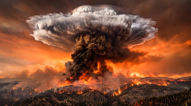 Massive wildfire pyrocumulus cloud exploding into sky. Towering smoke plume from intense forest fire disaster at dusk.
