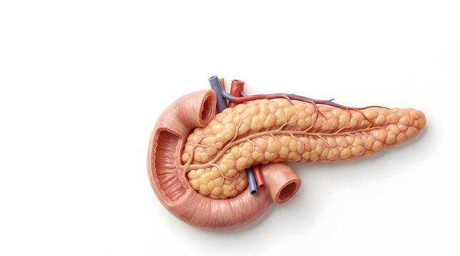 Detailed anatomical model of the human pancreas and duodenum with associated blood vessels on a white background.