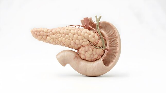 Detailed anatomical 3D model of the human pancreas and duodenum on a white background.