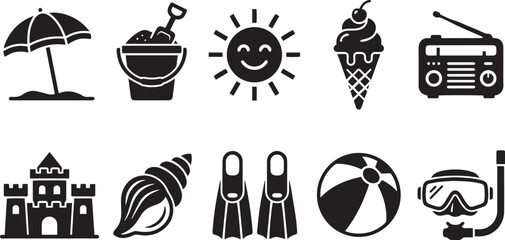 Summer Vacation Icons Set, Beach Holiday Travel Symbols, Umbrella, Sand Bucket, Sun, Ice Cream, Radio, Sandcastle, Seashell, Snorkeling Vector Collection . © Rizvi